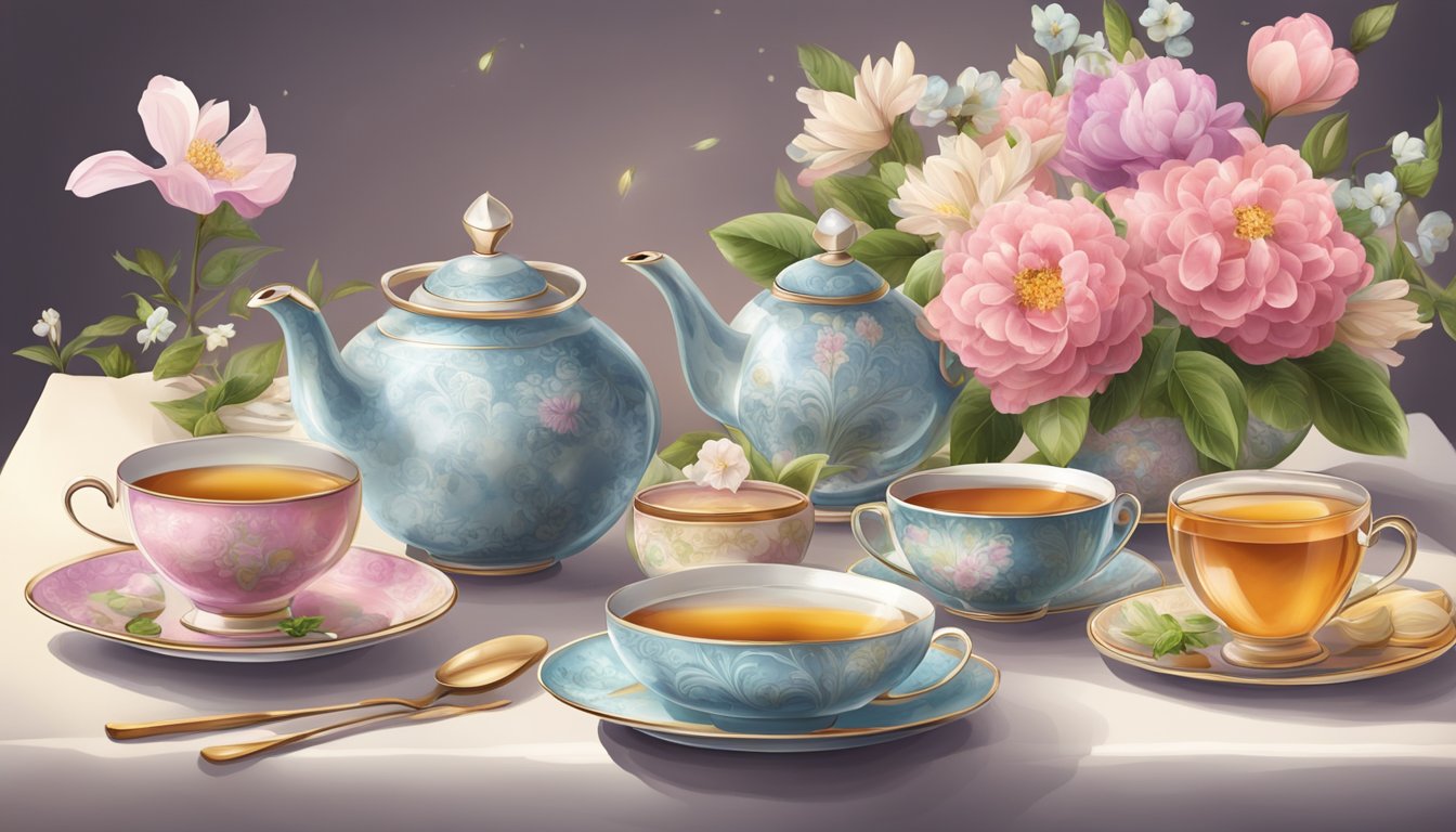 A tea table set with a steaming teapot, delicate teacups, and a selection of aromatic teas, surrounded by fresh flowers and elegant tableware