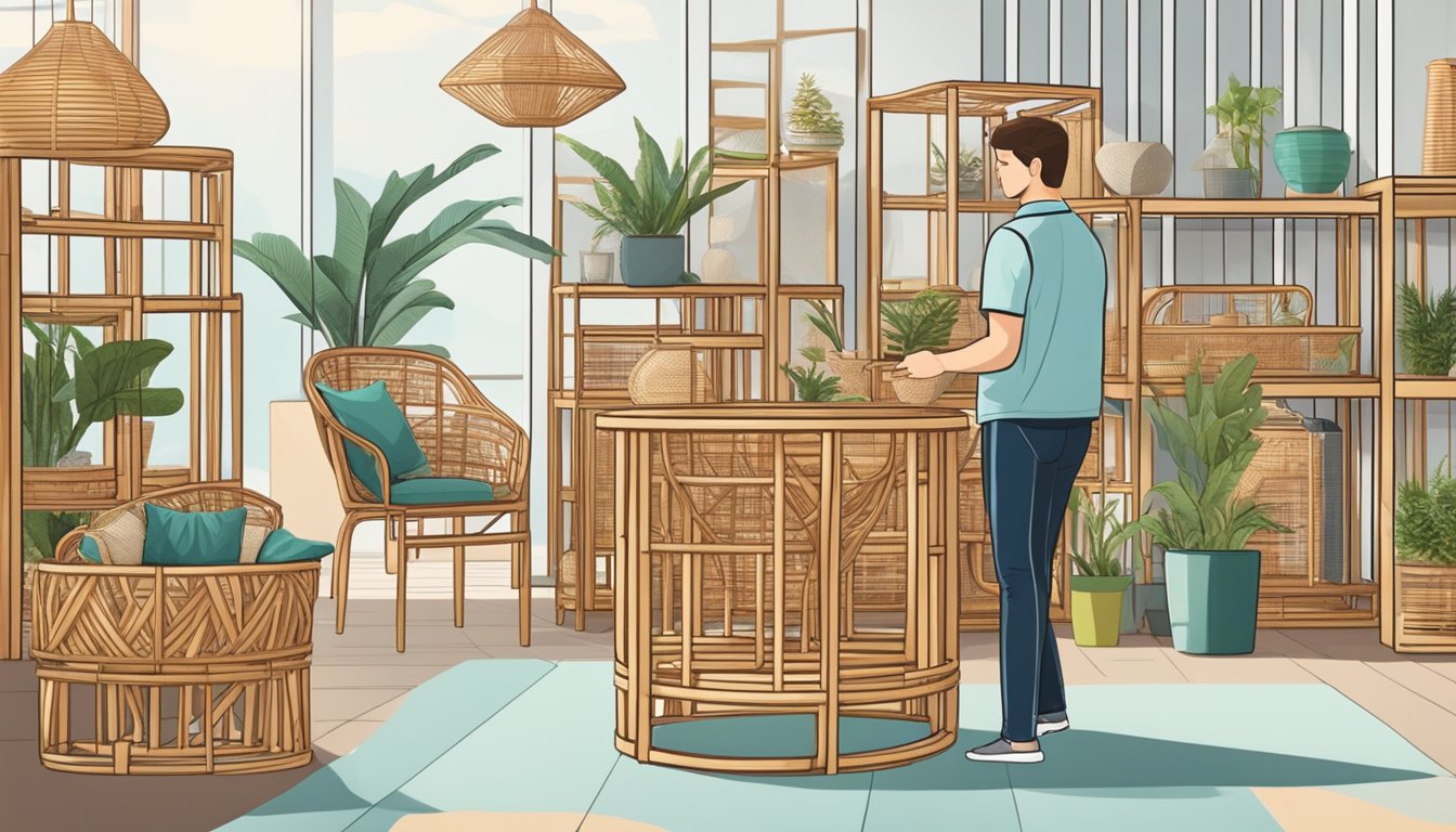 A person carefully chooses rattan furniture pieces from a variety of options in a bright, airy showroom