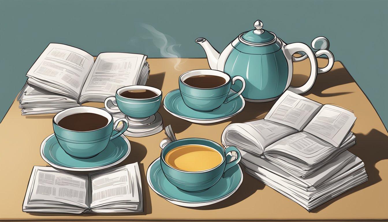 A tea table set with a stack of FAQ pamphlets, a teapot, and cups arranged neatly on a table