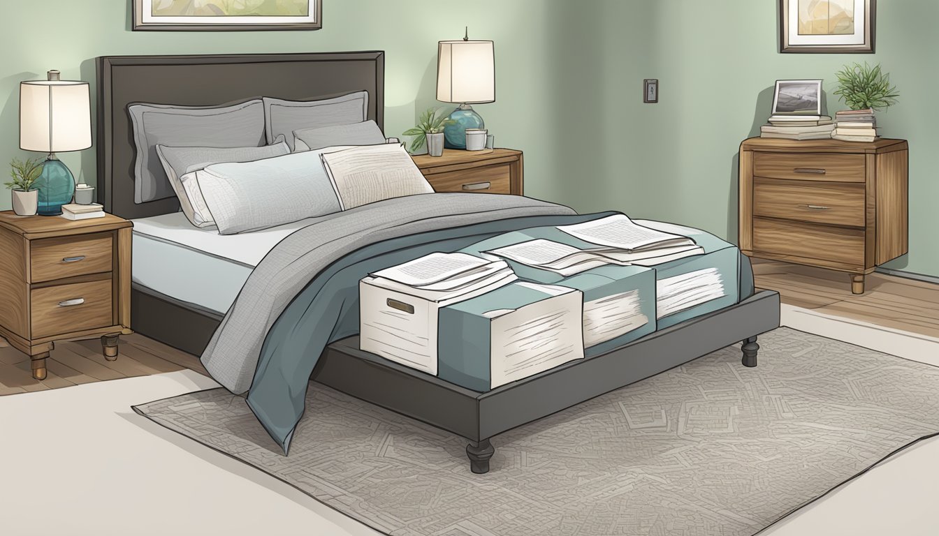 A queen bed with a stack of Frequently Asked Questions papers on the nightstand