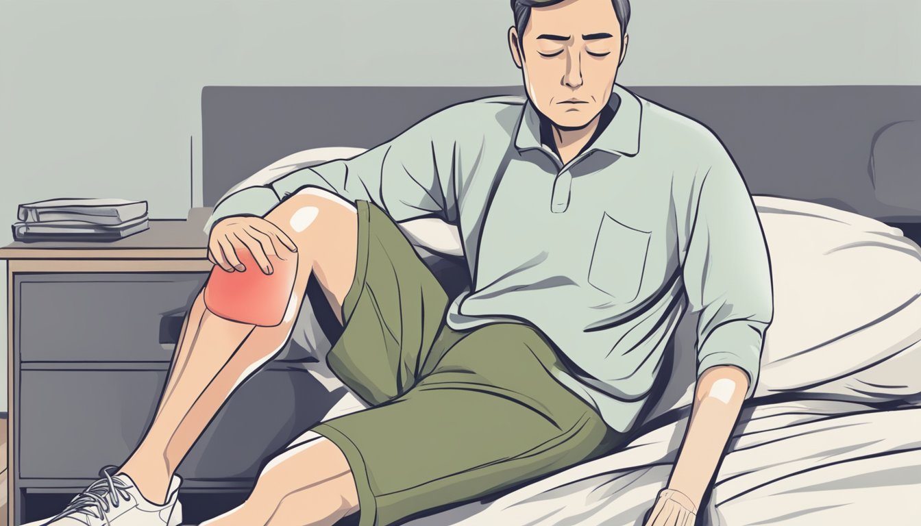 A person with leg pain due to congestive heart failure, showing discomfort while sitting on a bed, holding their legs, with a pained expression