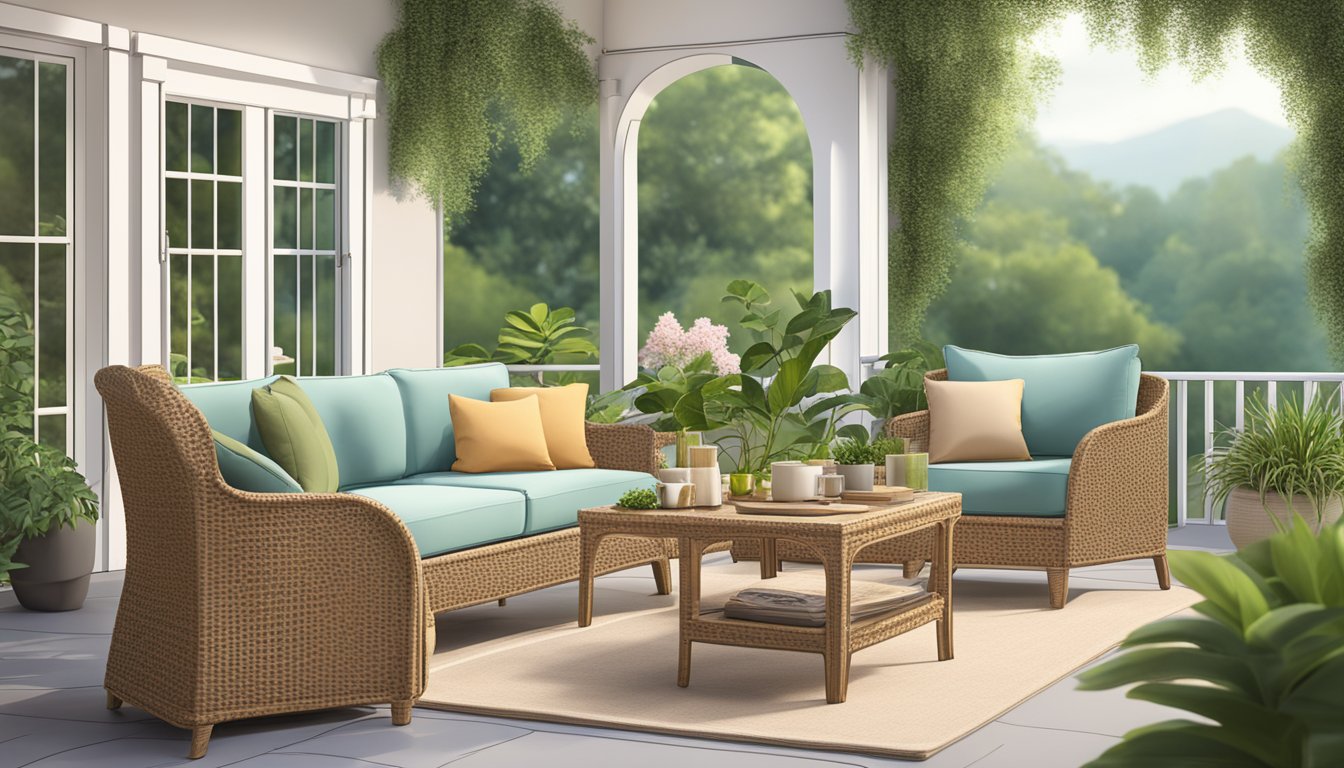 A cozy outdoor patio with a set of rattan furniture, including a sofa, chairs, and a coffee table. The setting is inviting and peaceful, with lush greenery in the background
