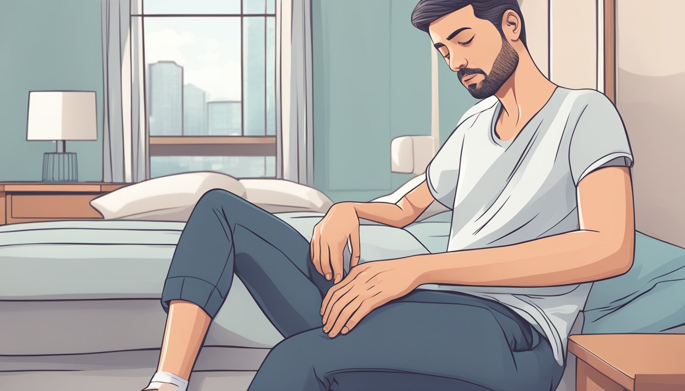 A person with congestive heart failure experiencing leg pain while sitting on a bed, holding their leg in discomfort