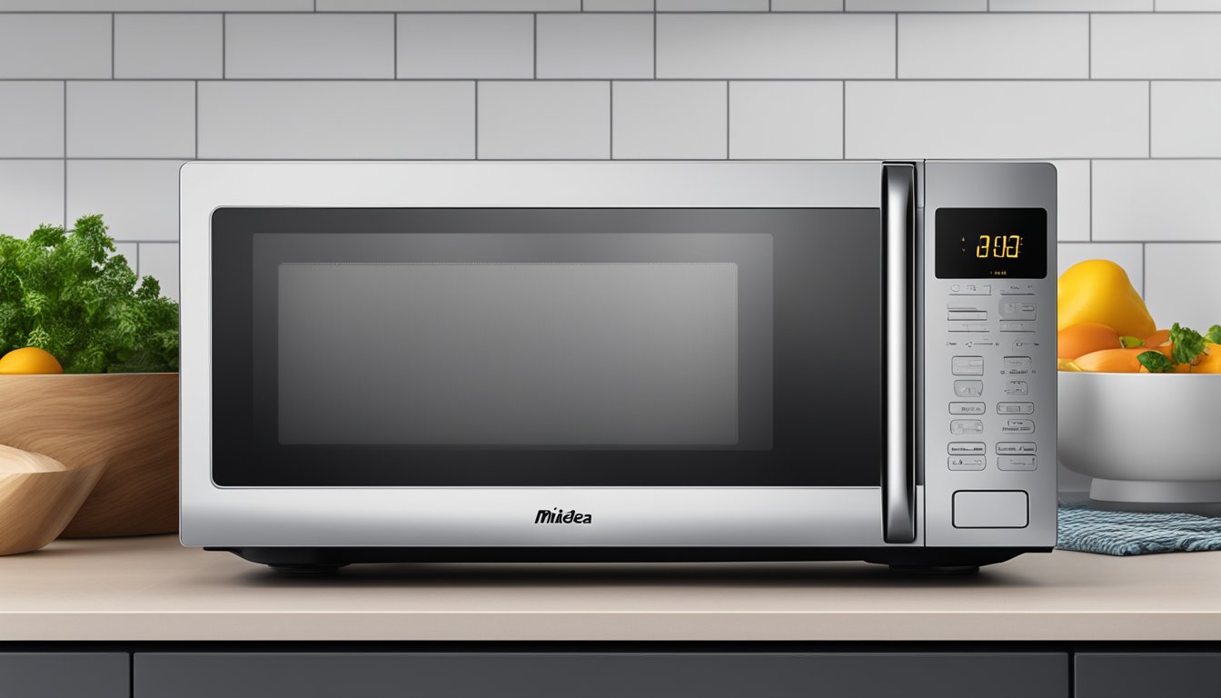 A sleek Midea microwave sits on a clean kitchen countertop, its digital display glowing with the time and ready to heat up a meal