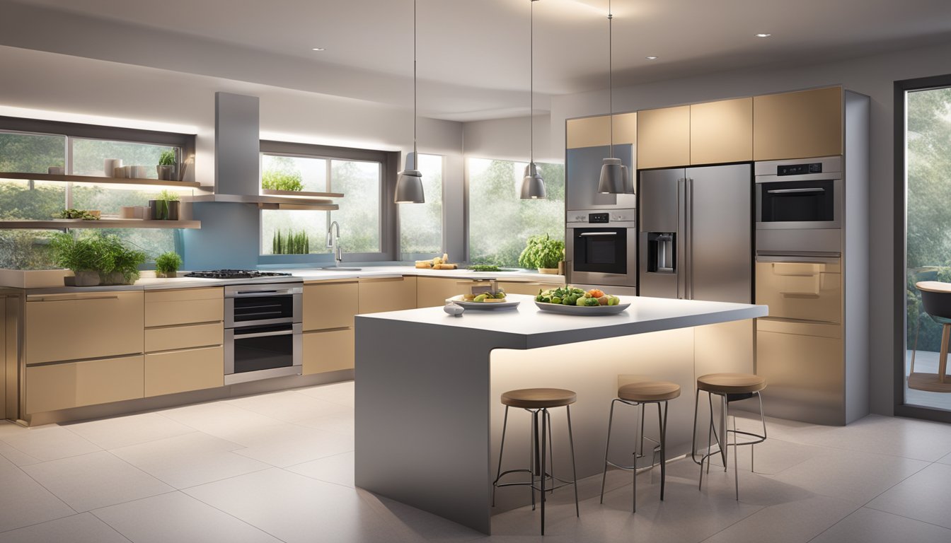 A modern kitchen with a sleek Midea microwave on the countertop, surrounded by stainless steel appliances and soft ambient lighting