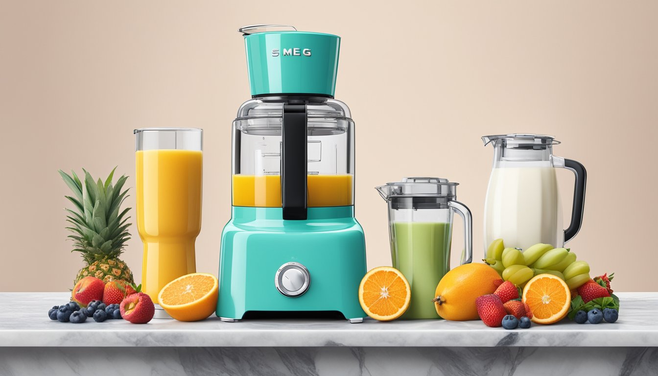 A smeg blender sits on a marble countertop, surrounded by fresh fruit and a jug of milk. The blender's sleek retro design and vibrant colors pop against the neutral background