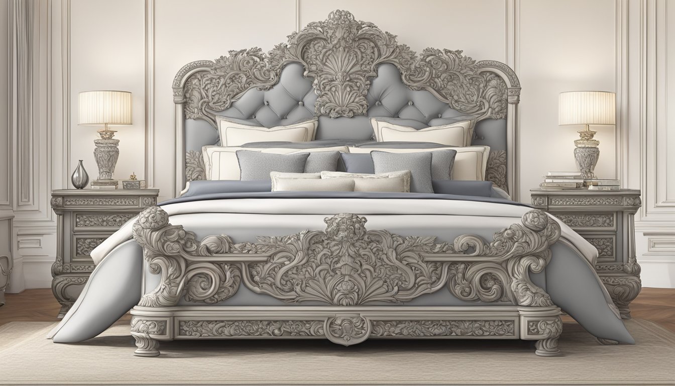 A large, ornate bed with a high headboard and intricate carvings. A smaller, equally elegant bed sits adjacent to it, both fit for royalty