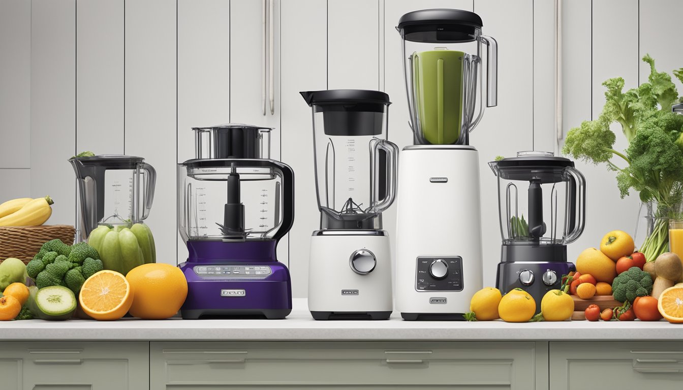 A kitchen countertop with the Smeg Blender Range displayed in various colors and styles, surrounded by fresh fruits and vegetables