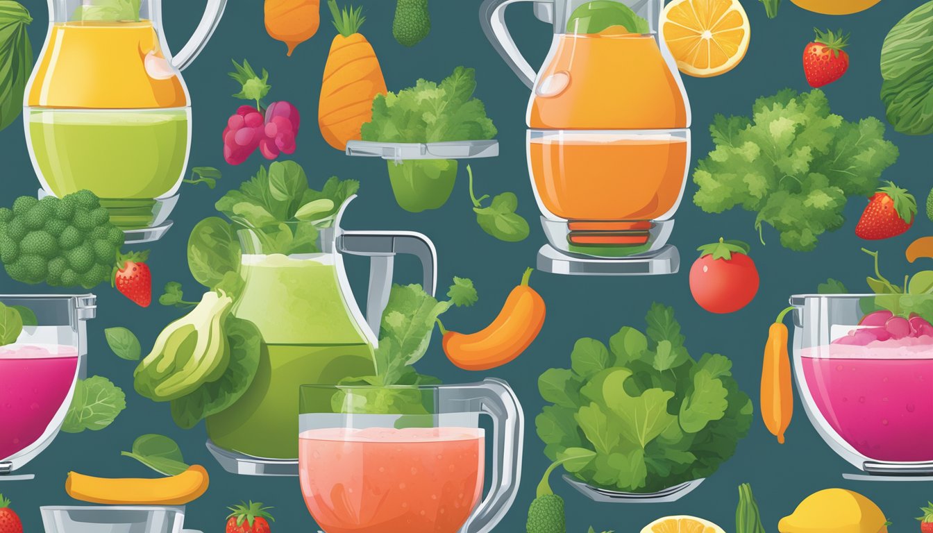 A colorful array of fruits and vegetables being effortlessly blended by a sleek and modern Smeg blender, creating a smooth and delicious concoction