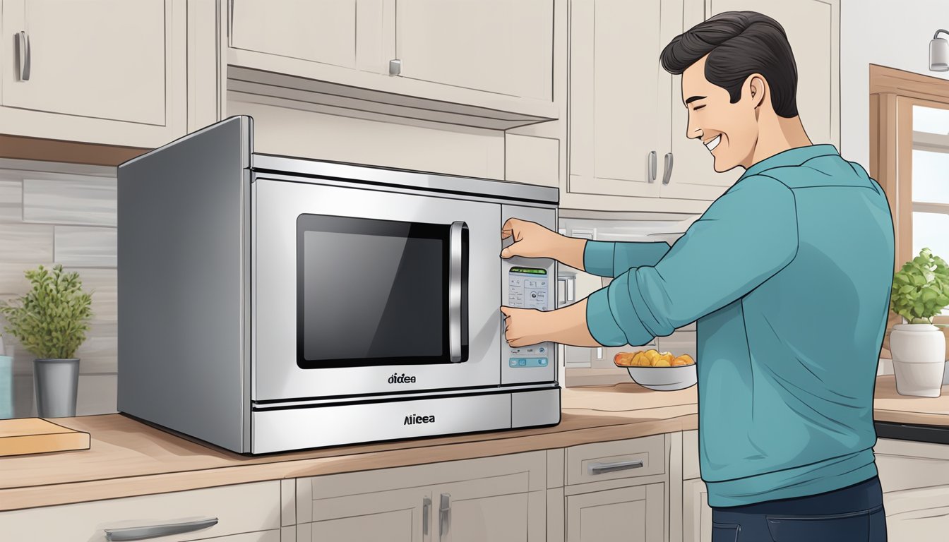 A customer unboxing a new Midea microwave, smiling at its sleek design and easy-to-use controls