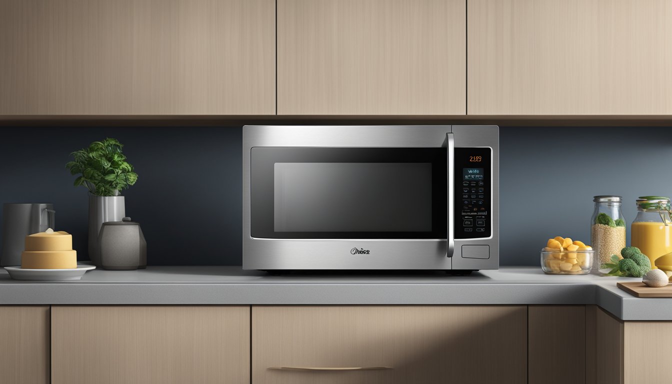 A Midea microwave sits on a kitchen countertop, with its digital display and control panel clearly visible. The microwave door is closed, and the interior light is off