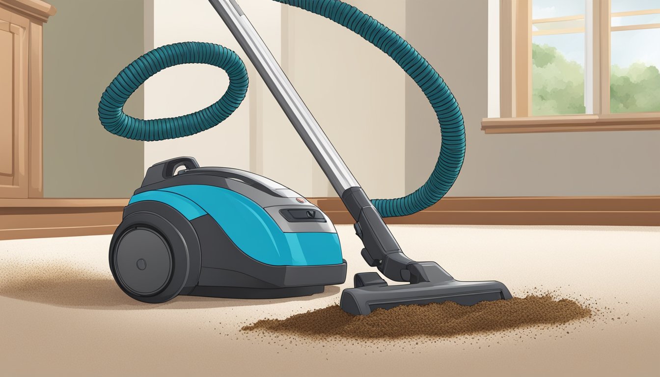 A vacuum machine sucking up dirt and debris from a carpeted floor