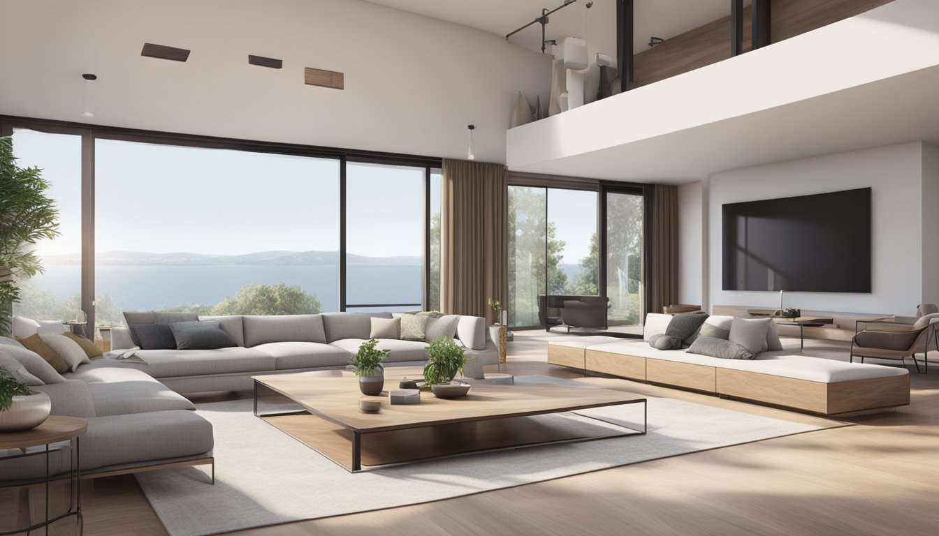 A spacious, open-plan living area with sleek, minimalist furniture and high-end finishes. Large windows flood the room with natural light, showcasing the elegant, contemporary design
