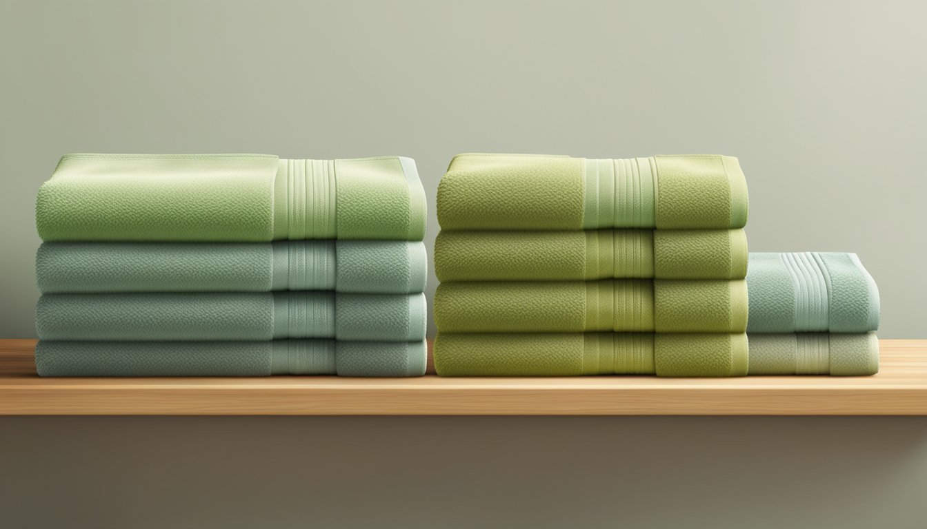 A bamboo towel set neatly arranged on a wooden shelf, with a soft, plush texture and earthy green color