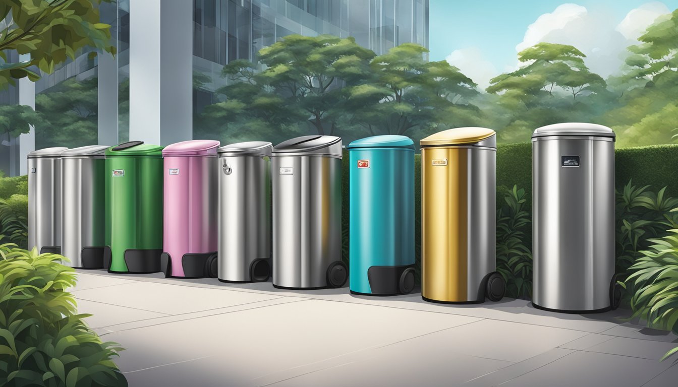A stainless steel rubbish bin in a clean, modern Singapore setting