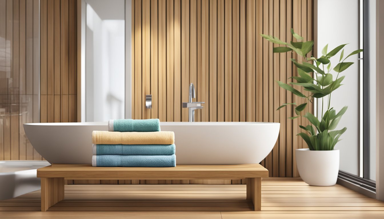 A bamboo towel set displayed in a modern bathroom, with soft, absorbent towels neatly folded and arranged on a wooden shelf