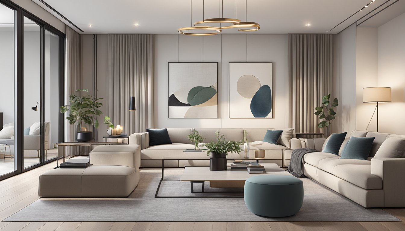 A sleek, minimalist living room with high-end furniture, neutral color palette, and statement lighting fixtures