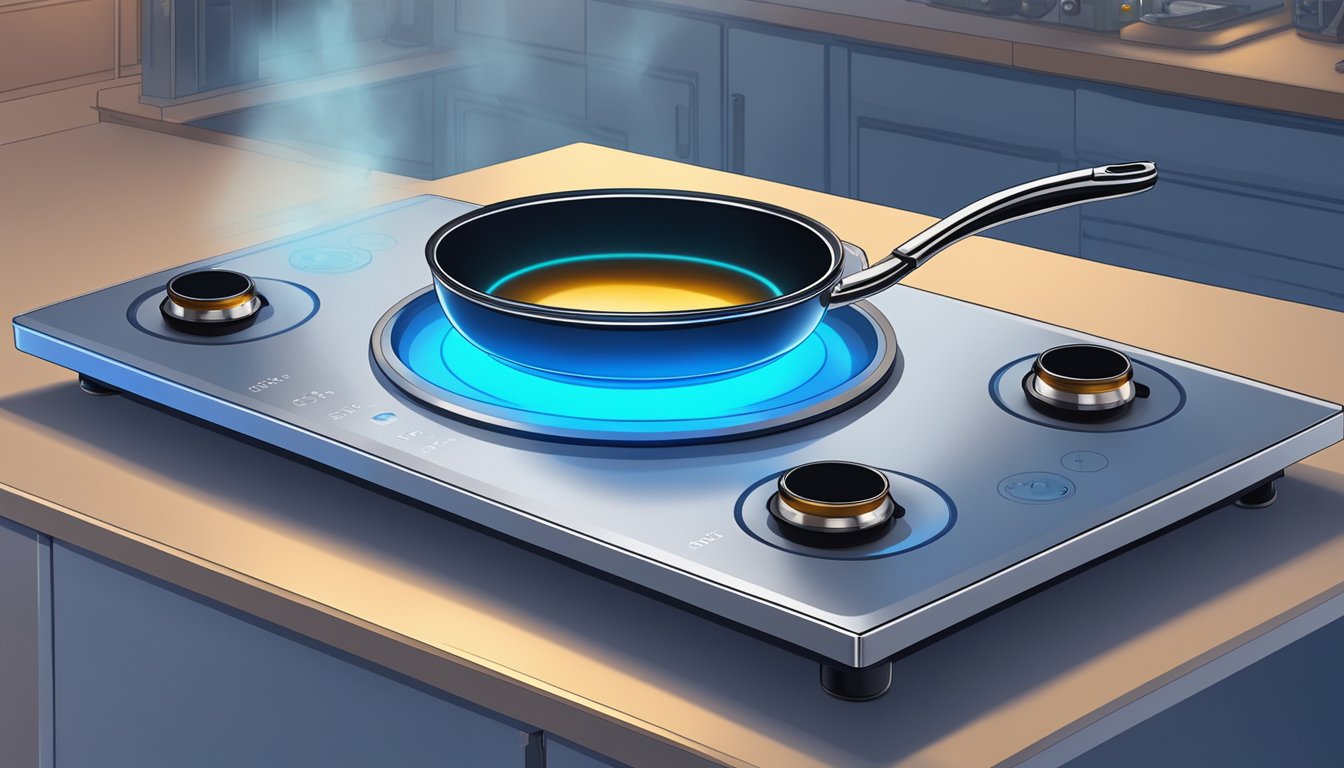 An electric induction cooktop emits a blue glow while heating a pot