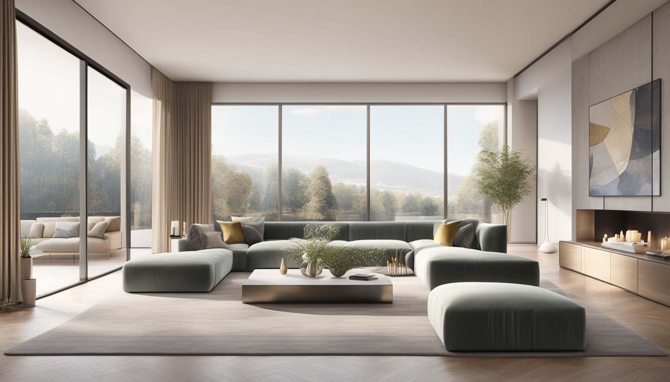 A sleek, open-concept living room with floor-to-ceiling windows, plush velvet sofas, and contemporary artwork. The space is bathed in natural light, with a neutral color palette and minimalist decor, creating a sense of modern luxury