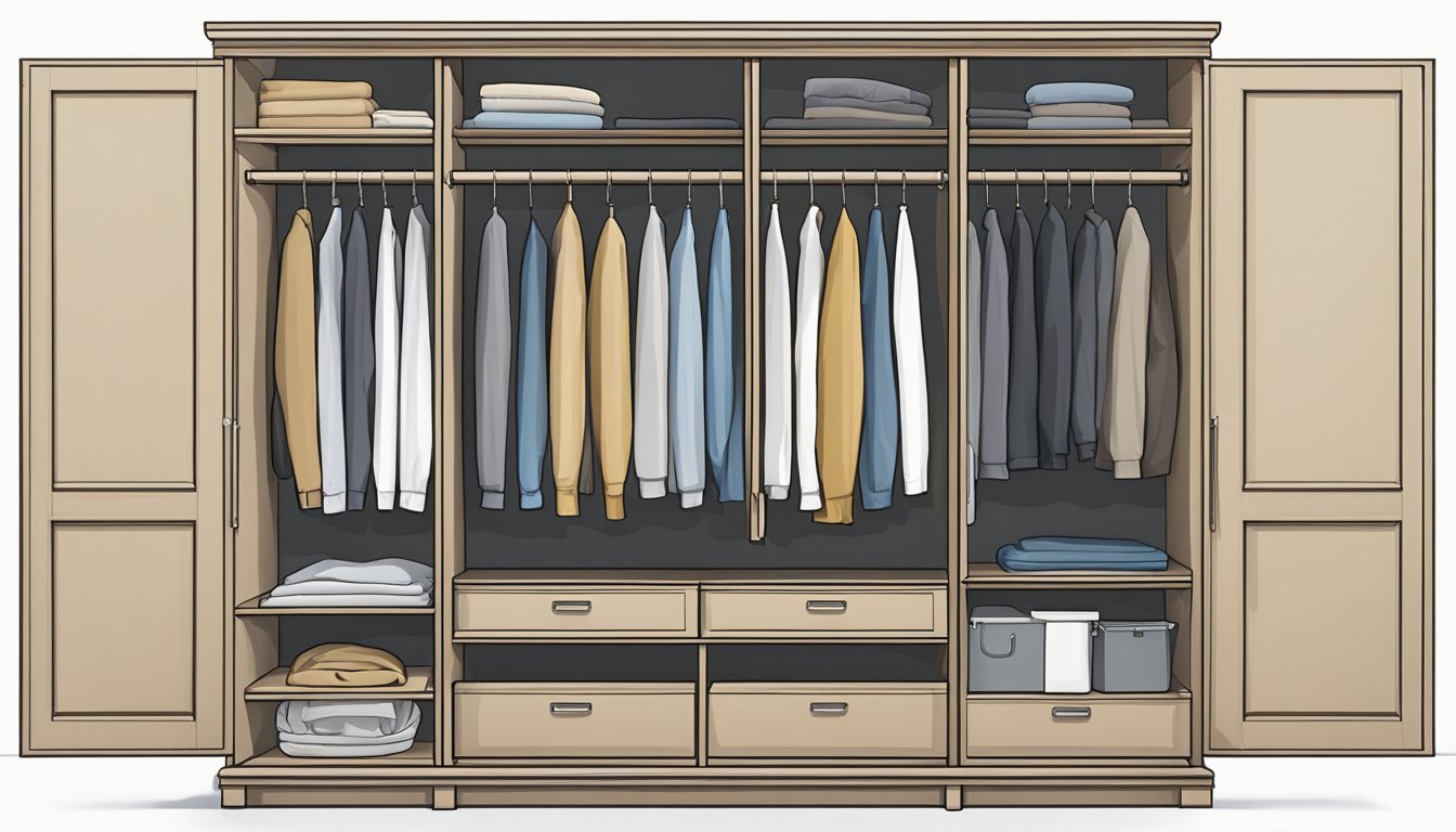 A 4 door wardrobe stands against a plain wall, with two doors open to reveal neatly organized shelves and hanging space