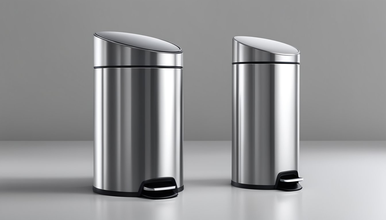 A sleek, stainless steel rubbish bin with a foot pedal and a soft-close lid, standing against a clean, modern backdrop