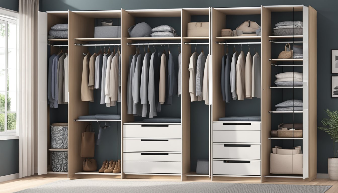 A spacious 4-door wardrobe with sleek, modern design. Shelves, drawers, and hanging space provide ample storage. Reflective surfaces add a touch of elegance