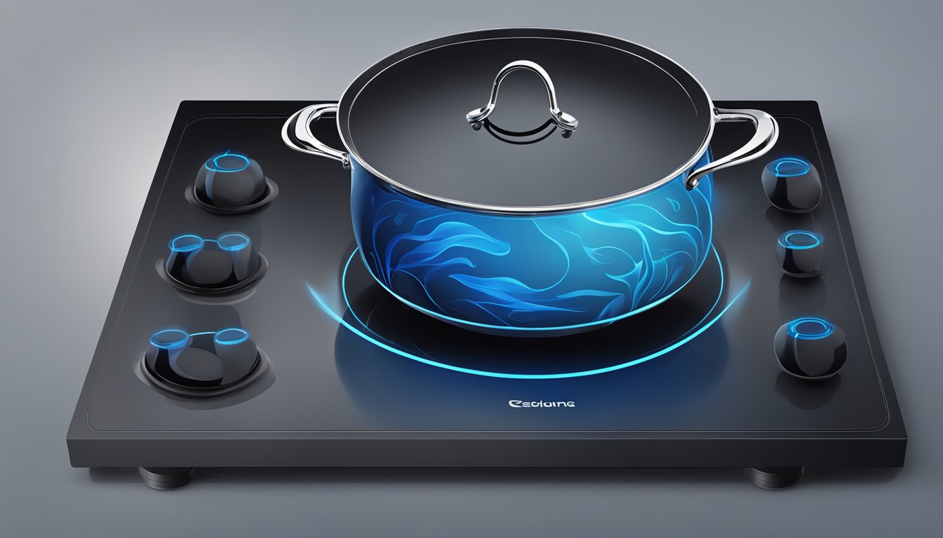 A pot sits on a sleek, black induction cooktop. Blue flames appear beneath the pot, indicating the transfer of heat
