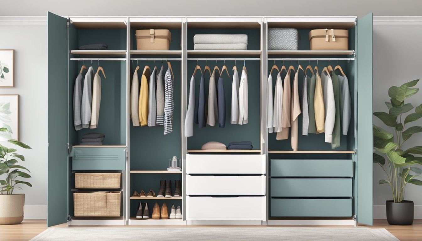 A spacious 4-door wardrobe with shelves, drawers, and hanging space. Efficiently organized with clothing neatly folded and hung