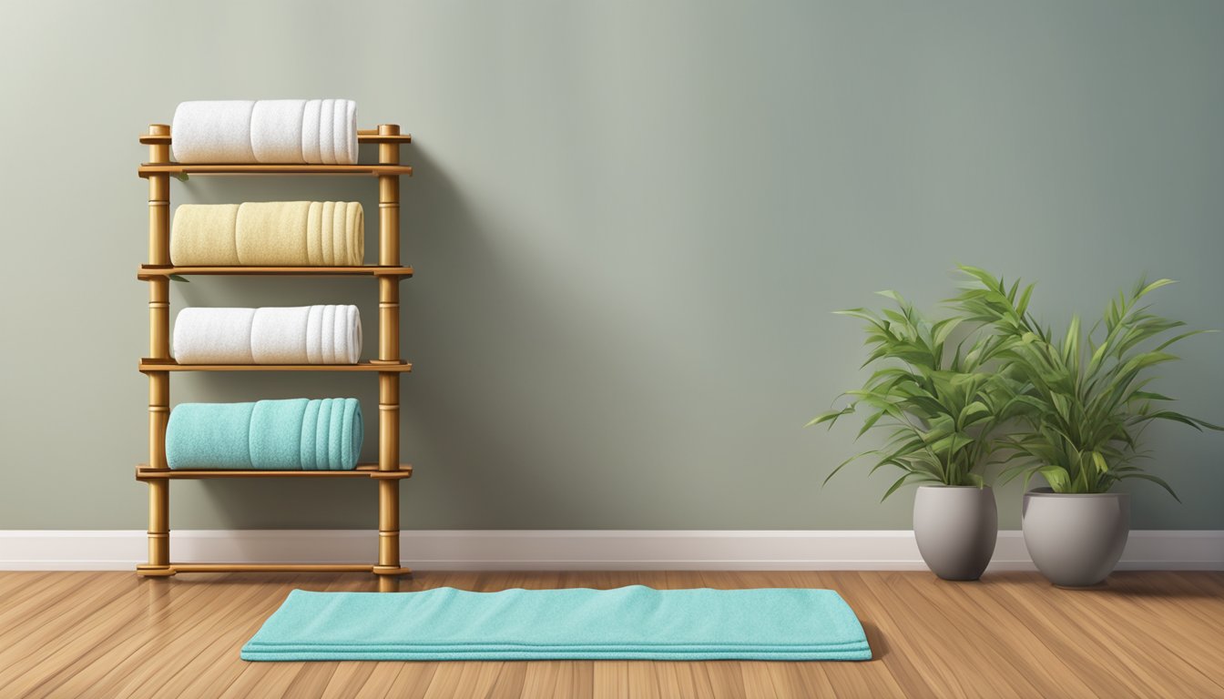 A bamboo towel set arranged neatly on a wooden towel rack, with soft, absorbent towels hanging and folded neatly on a shelf