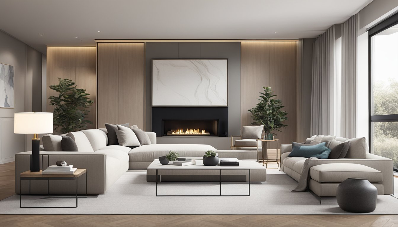 A sleek, minimalist living room with high-end furniture, neutral color palette, and statement lighting. Clean lines, luxurious materials, and thoughtful details create a sophisticated and inviting space