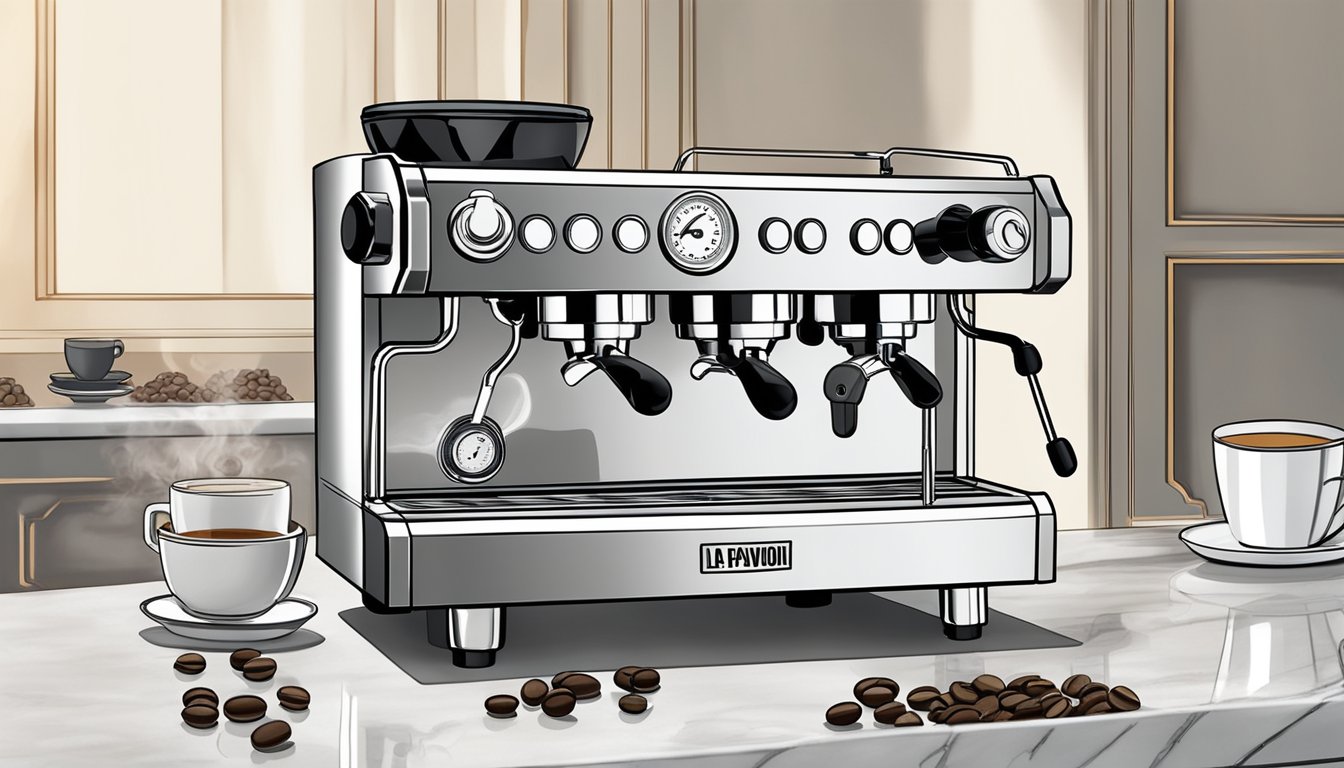 A La Pavoni Lusso espresso machine sits on a marble countertop, surrounded by steaming cups and coffee beans