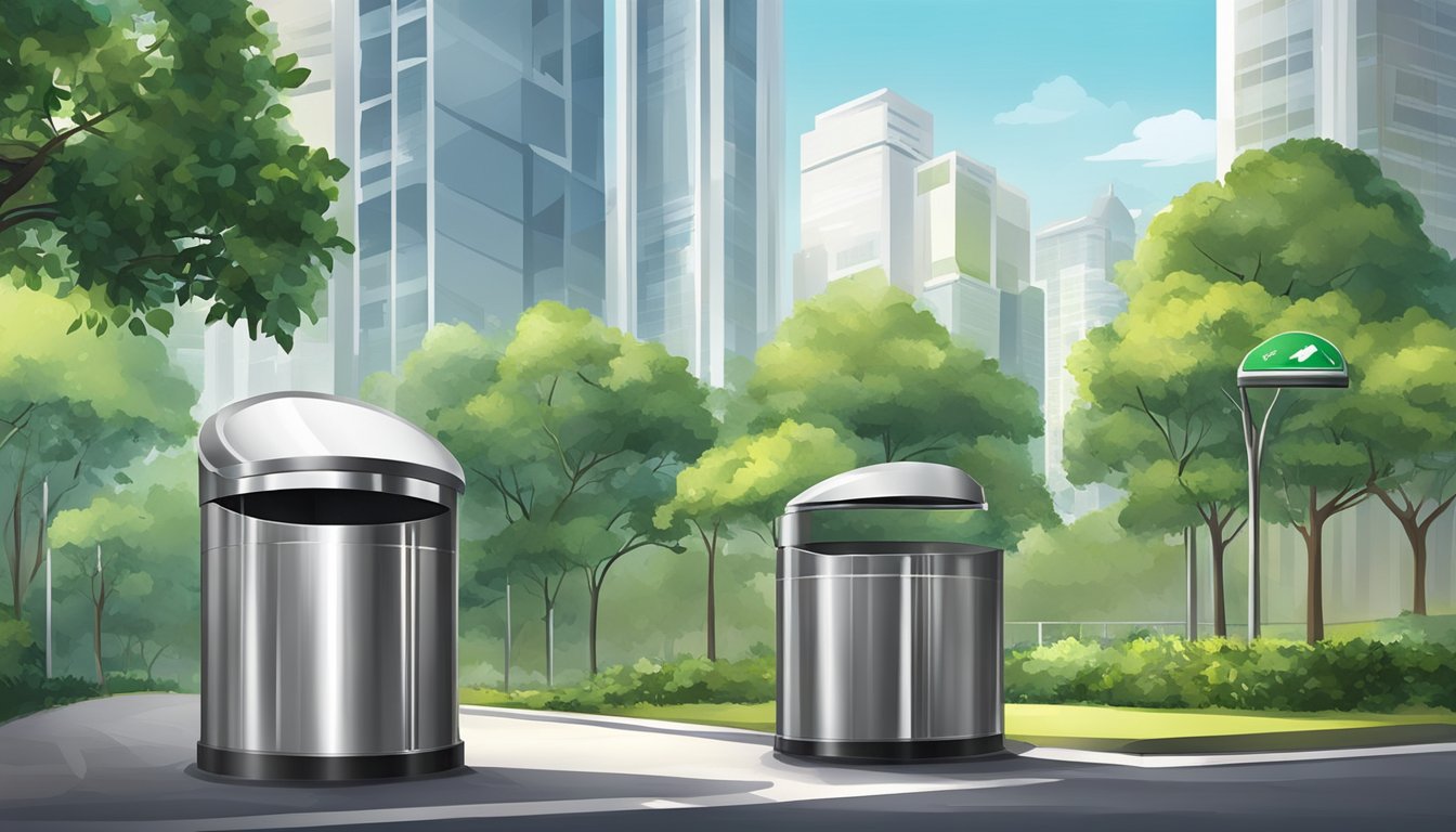 A stainless steel rubbish bin in Singapore with surrounding greenery and clear signage for waste management solutions