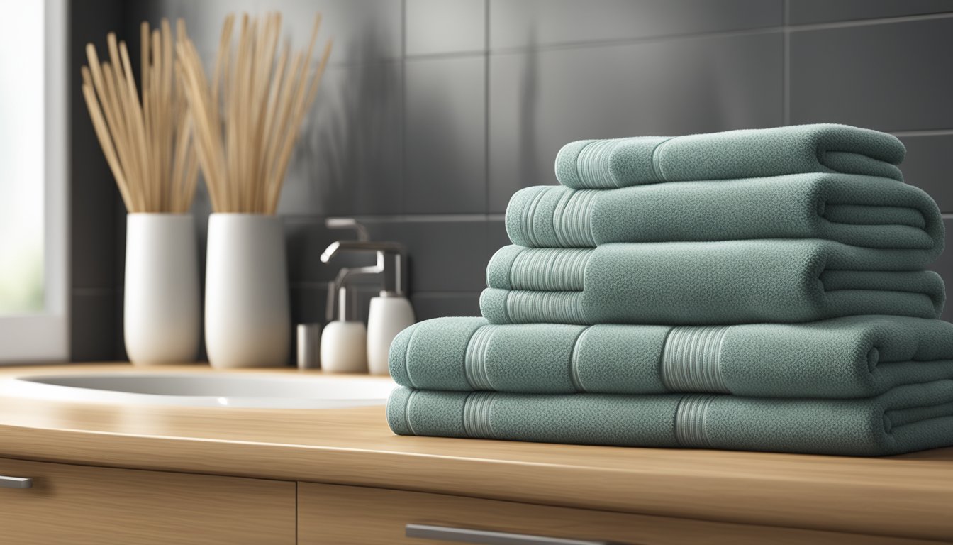 A bamboo towel set displayed on a clean, modern bathroom countertop with soft lighting and a minimalist background