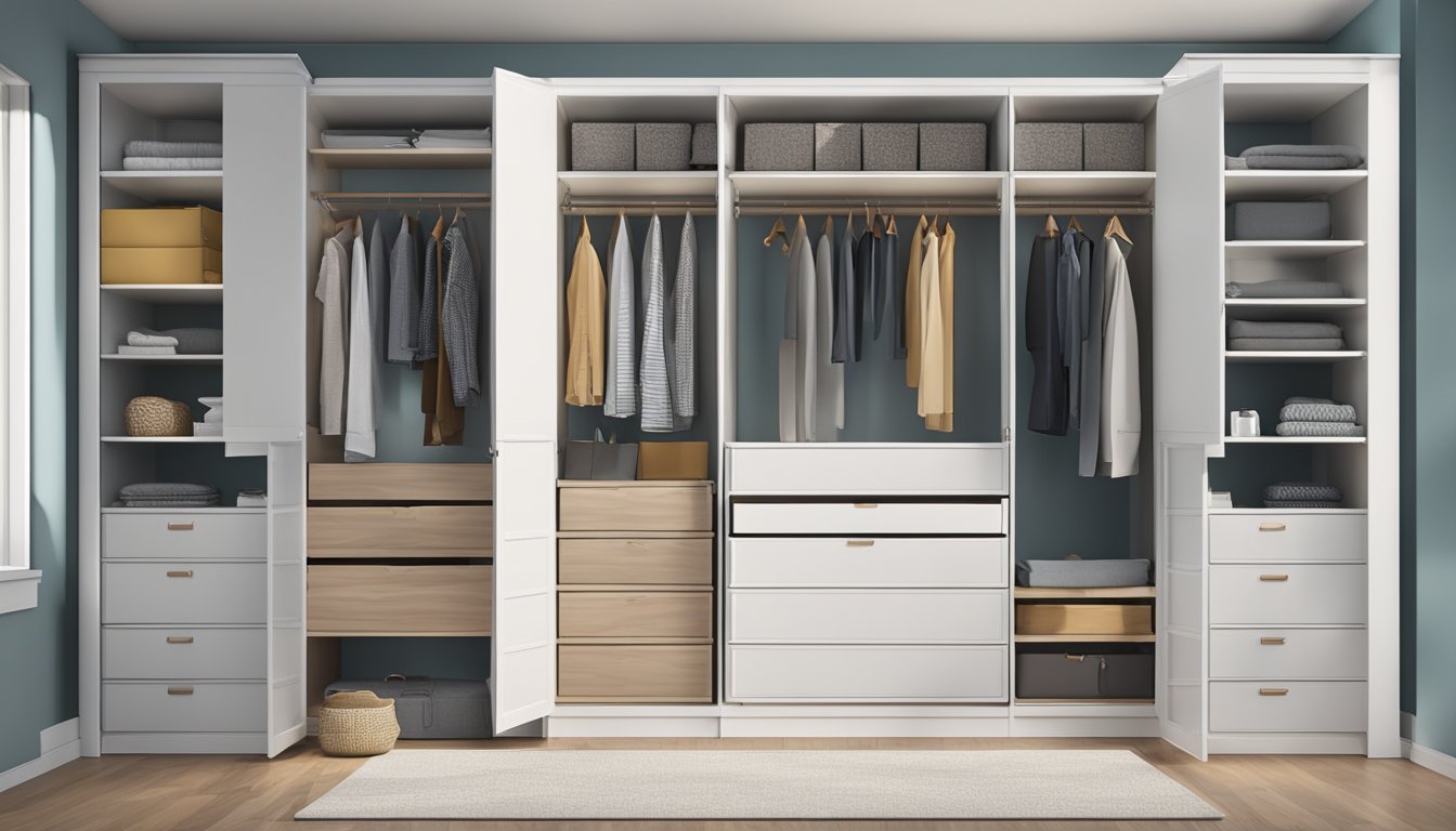 A 4 door wardrobe with shelves and drawers, labeled "Frequently Asked Questions." Bright lighting and a clean, modern aesthetic