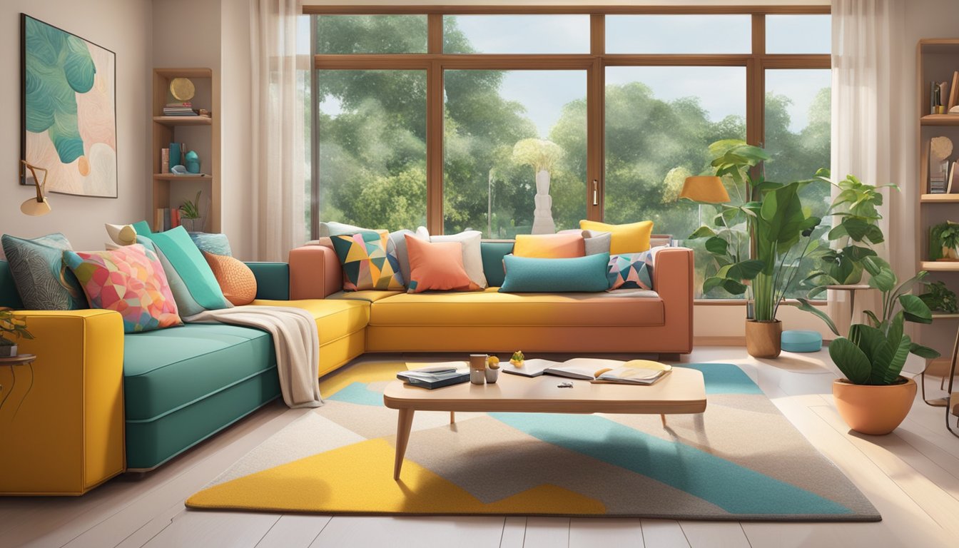 A living room with quirky sofa beds arranged in a playful and creative manner. The room is cozy and inviting, with colorful and unique designs on the sofa beds