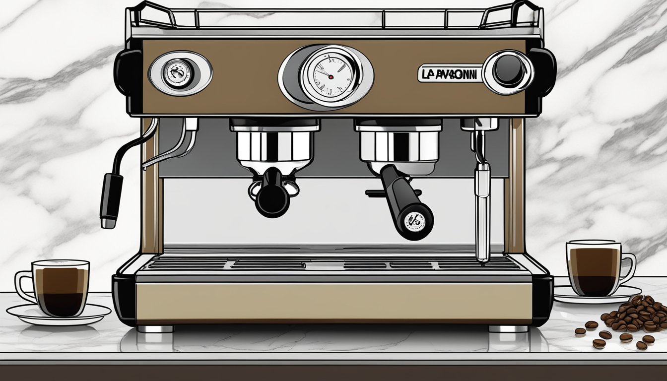 The La Pavoni Lusso espresso machine sits atop a marble countertop, surrounded by steaming cups and freshly ground coffee beans