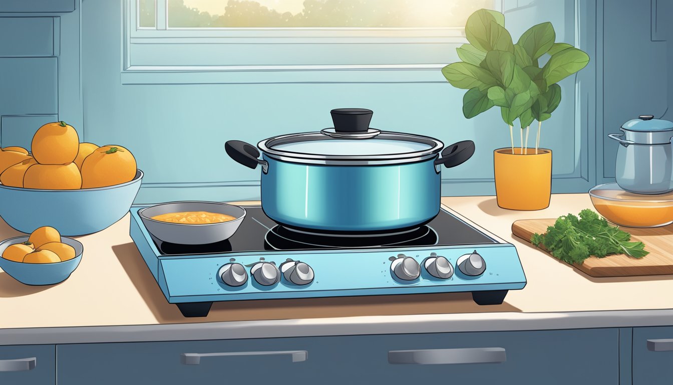 A pot sits on a sleek induction cooktop, emitting a soft blue glow. Ingredients are neatly arranged nearby, ready to be cooked