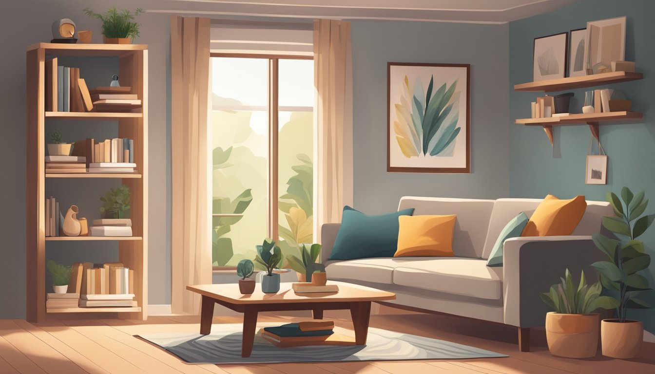 A cozy living room with a small, affordable single sofa bed, surrounded by soft pillows and a warm throw blanket. The room is bathed in natural light, with a bookshelf and a small side table nearby