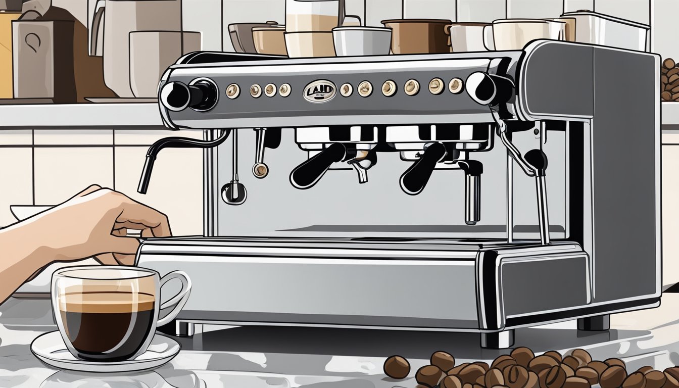 A hand reaches for the La Pavoni Lusso espresso machine on a clean, marble countertop. The machine gleams in the soft light, surrounded by freshly ground coffee beans and a steaming cup of espresso