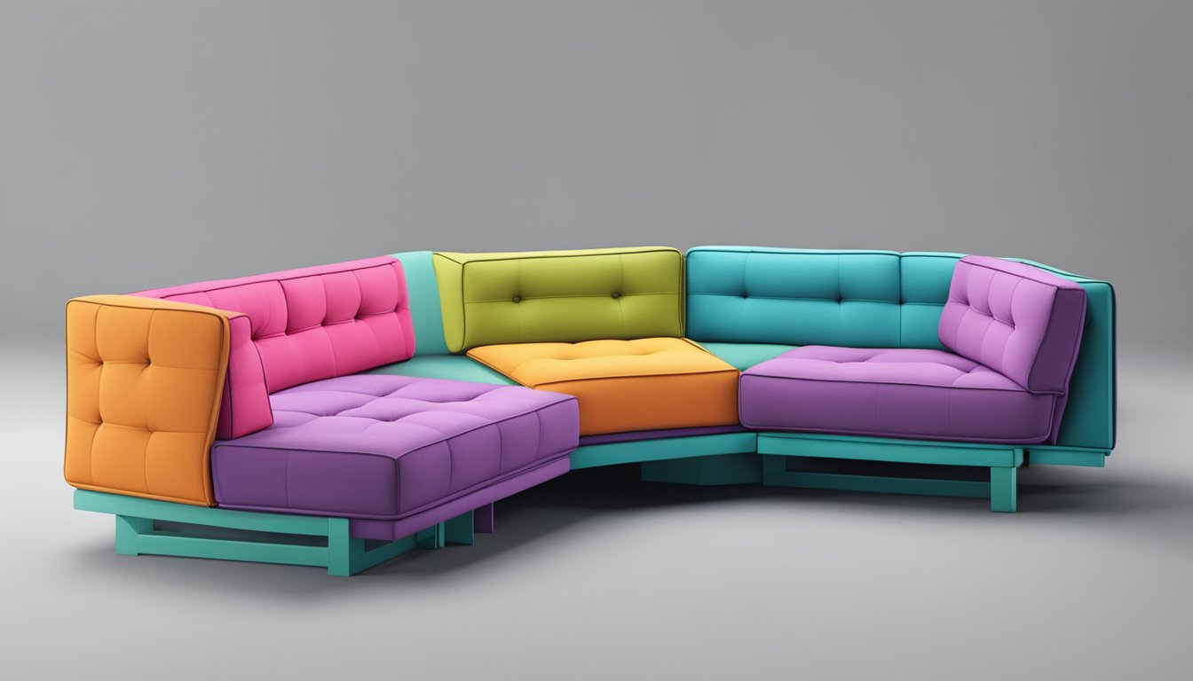 A colorful, modular sofa bed with unique, unconventional designs and materials