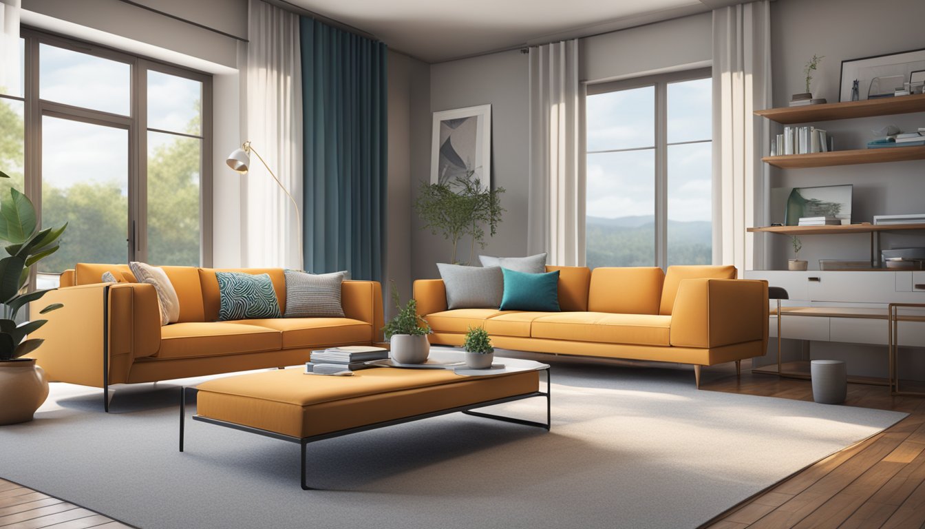 A sleek, modern living room with a quirky sofa bed as the focal point, seamlessly blending functionality and elegance