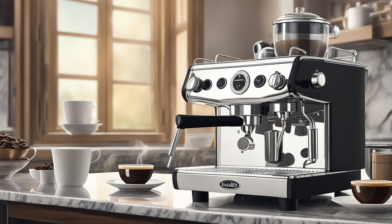 A vintage La Pavoni Lusso espresso machine sits on a marble countertop, surrounded by steaming cups and freshly ground coffee beans