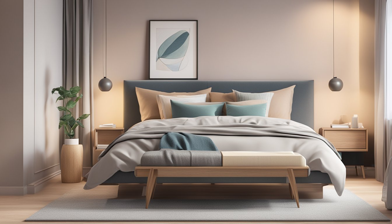 A modern bedroom with a sleek, wooden bedside table, holding a lamp and a book, set against a backdrop of soft, muted colors