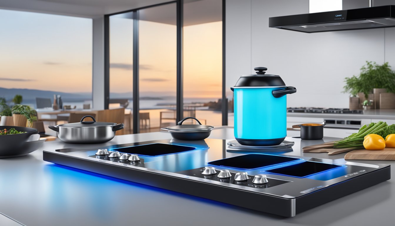 An electric induction cooktop with a sleek, black glass surface, displaying touch controls and emitting a blue glow when in use