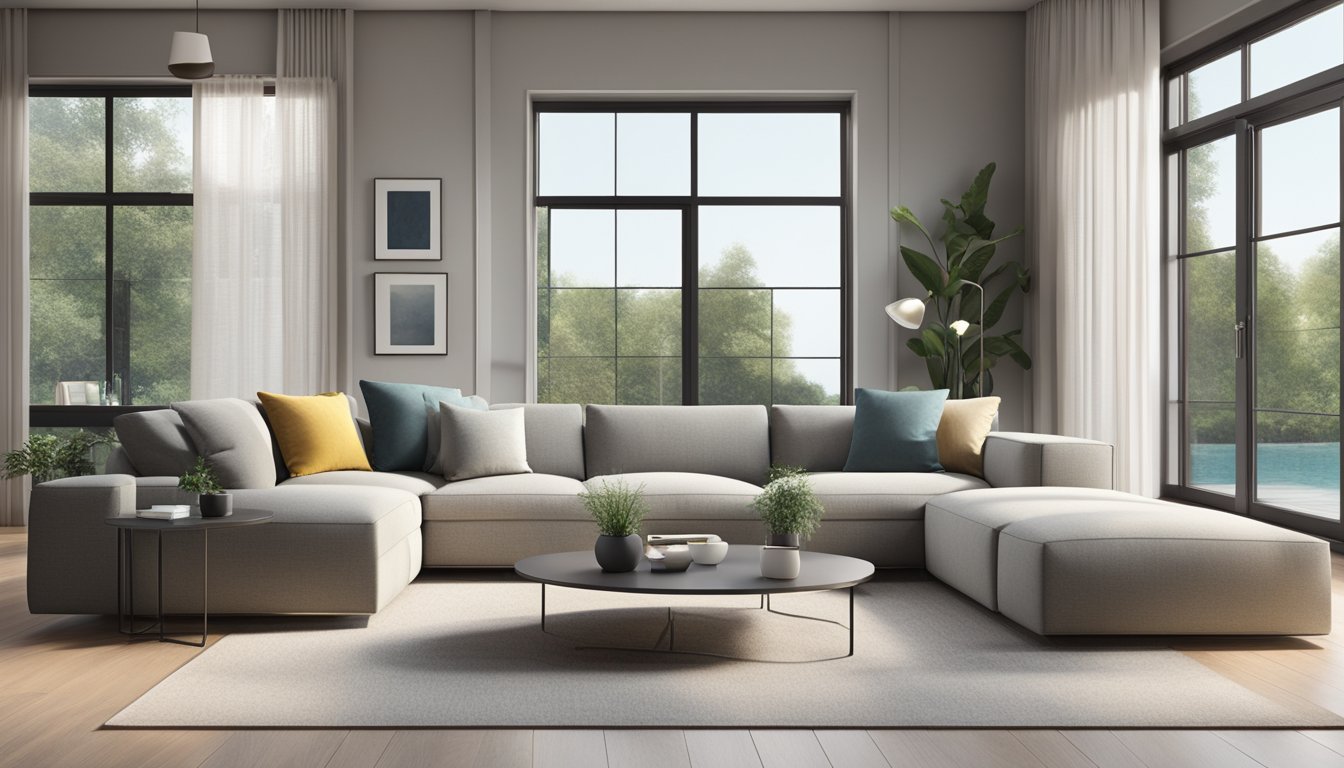 A modern sectional sofa in a spacious living room, with sleek lines and plush cushions, set against a backdrop of minimalist decor and large windows