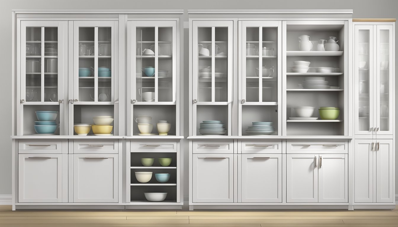 A row of white kitchen storage cabinets with glass doors and silver handles, neatly organized with plates, bowls, and glasses inside
