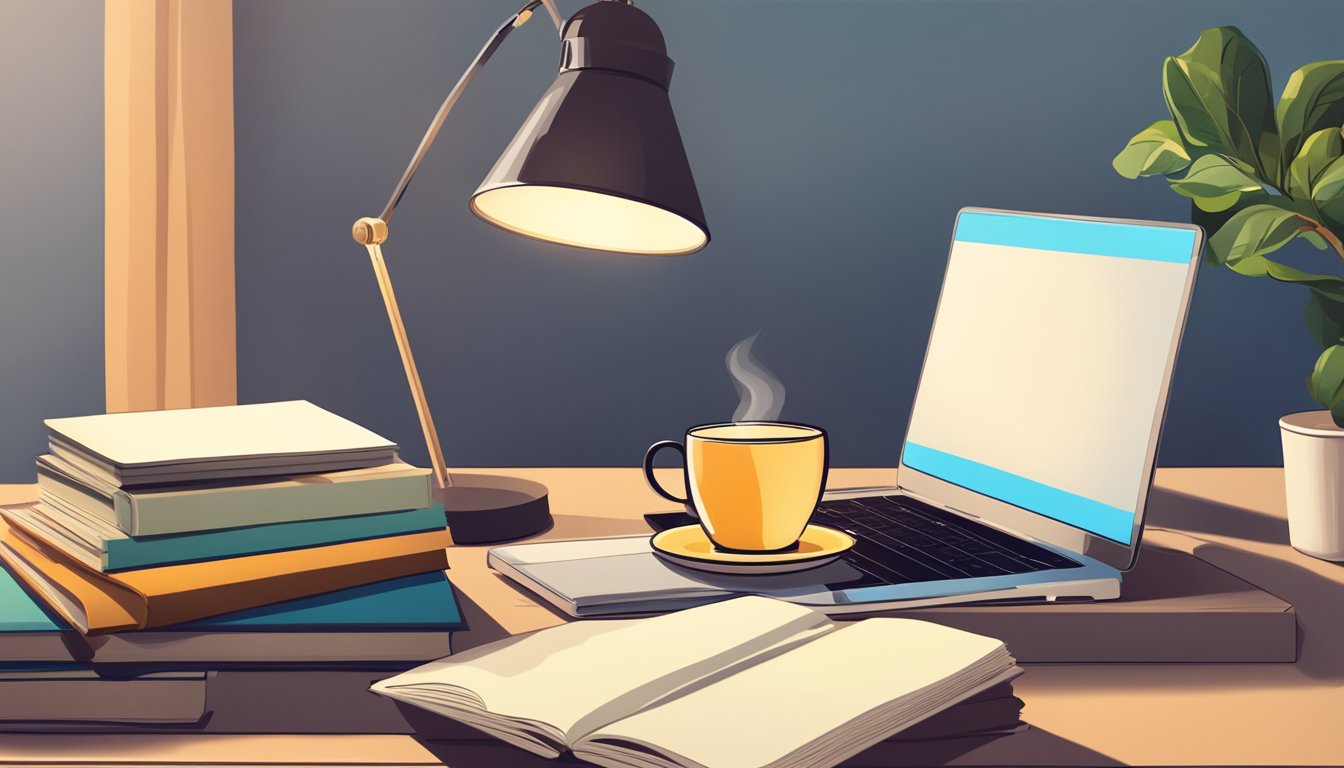 A bedside table with a stack of books, a lamp, and a small potted plant. A laptop and a mug of coffee sit on the table