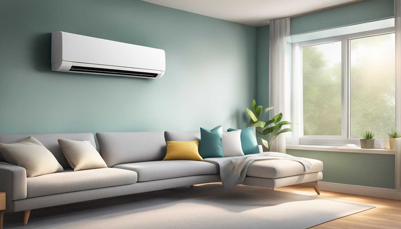 A modern, sleek air conditioner hums quietly, sending out a refreshing blast of cool air into a well-lit room