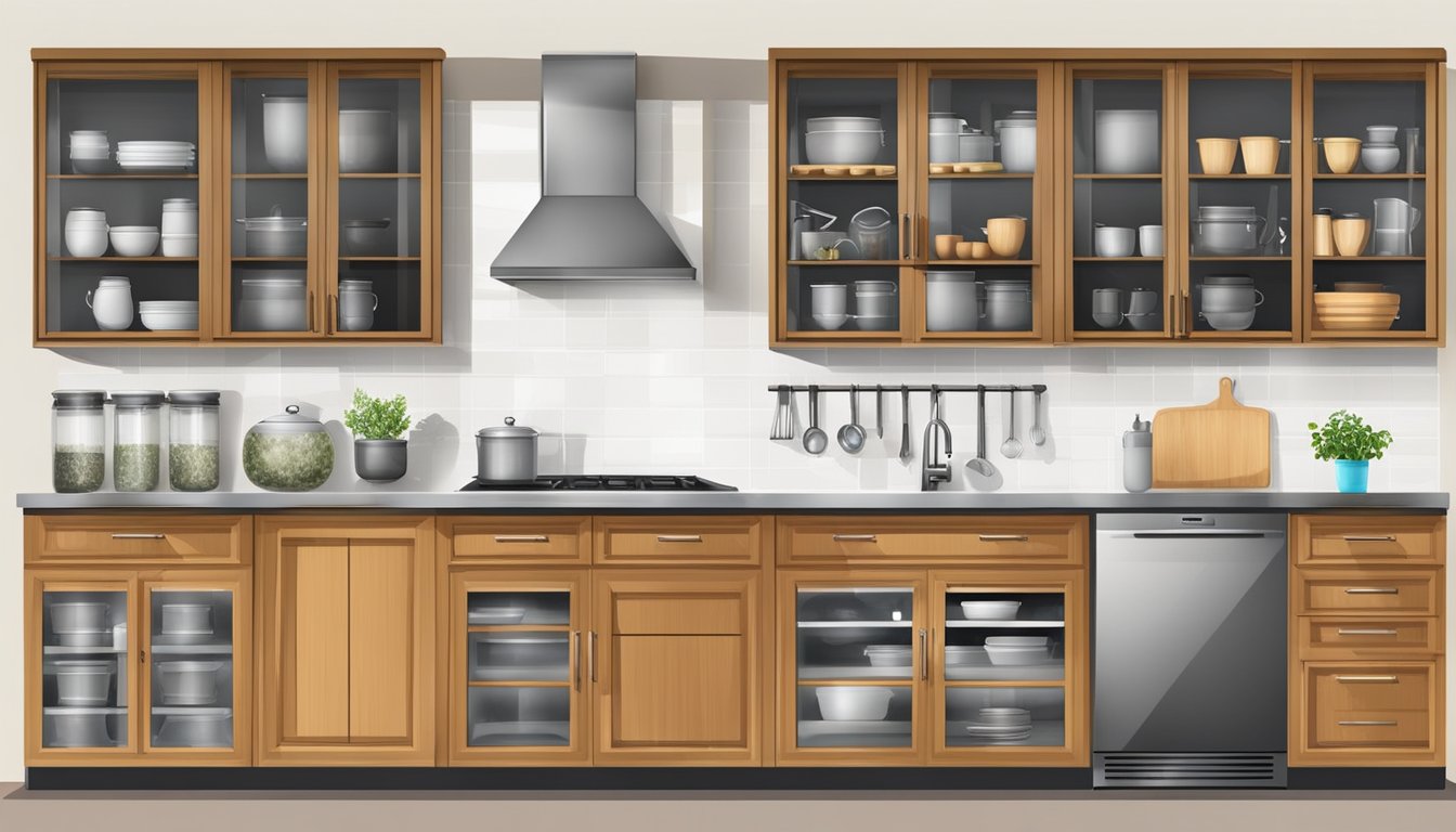 Various kitchen storage cabinet materials: wood, metal, glass. Shelves and drawers hold dishes, pots, and pans. Labels and organization