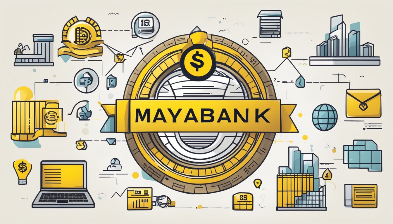 A Singaporean bank logo with "Maybank" and "Creditable Term Loan Waived Fees" displayed, surrounded by financial icons and symbols